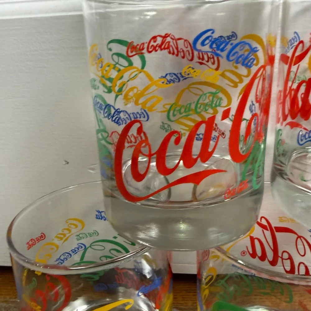 Vintage Coca-Cola Multi-Color All Over Print Glass‎ Tumblers Set of 6 Retro 4